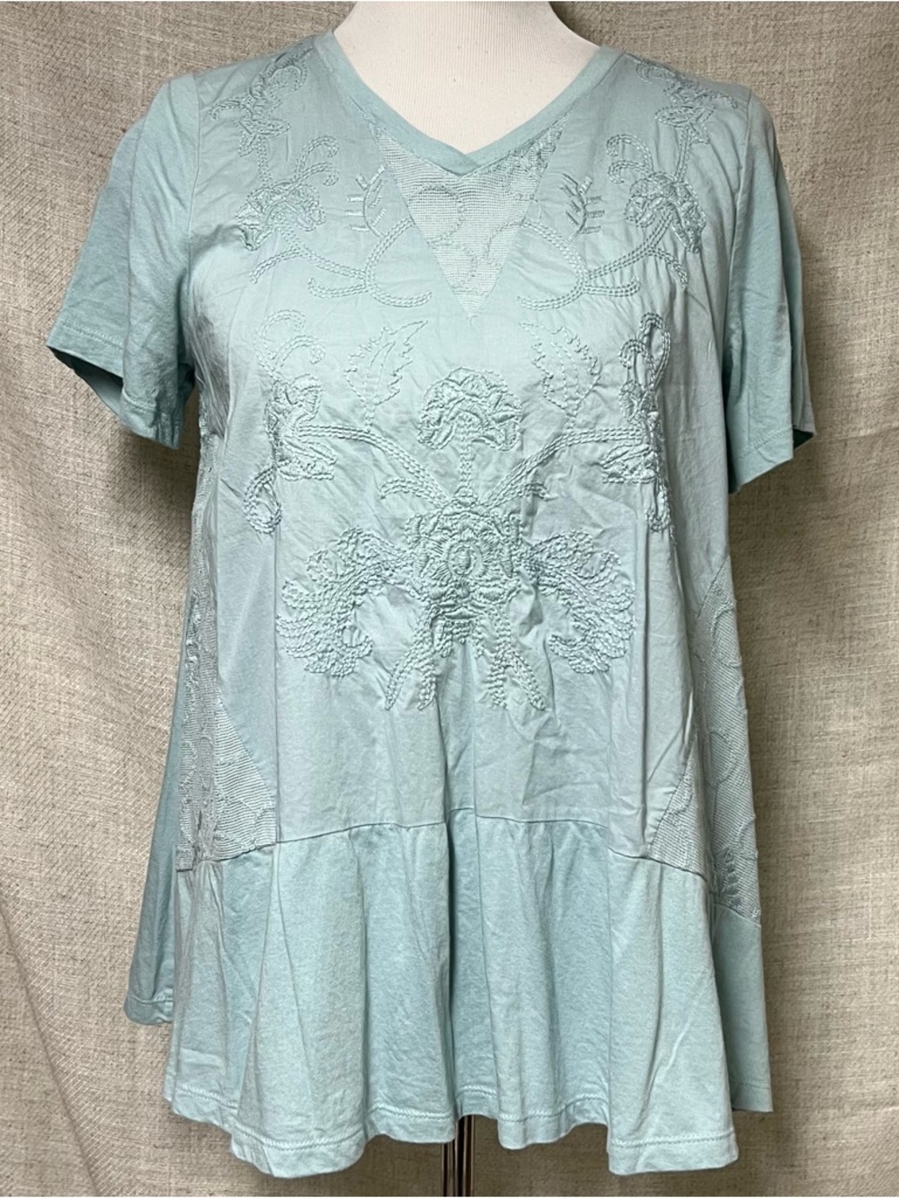 LOGO by Lori Goldstein Pale Blue Embroidered V-Neck Tunic